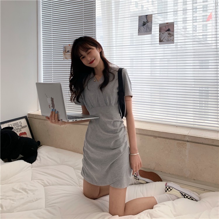 Xiaozhainv Đầm Ngắn Tay Cổ Chữ V Xinh Xắn Theo Phong Cách Hàn Quốc Cho Nữ | BigBuy360 - bigbuy360.vn