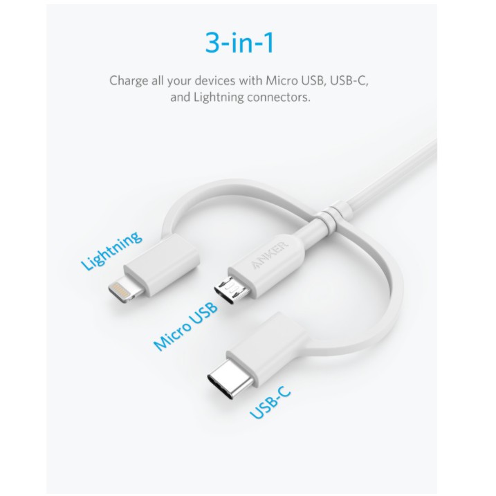Dây Cáp Sạc 3 in 1 Anker A8436 Powerline II 0.9M Lightning - Type C - Micro USB cho iPhone Samsung Oppo bh 24th