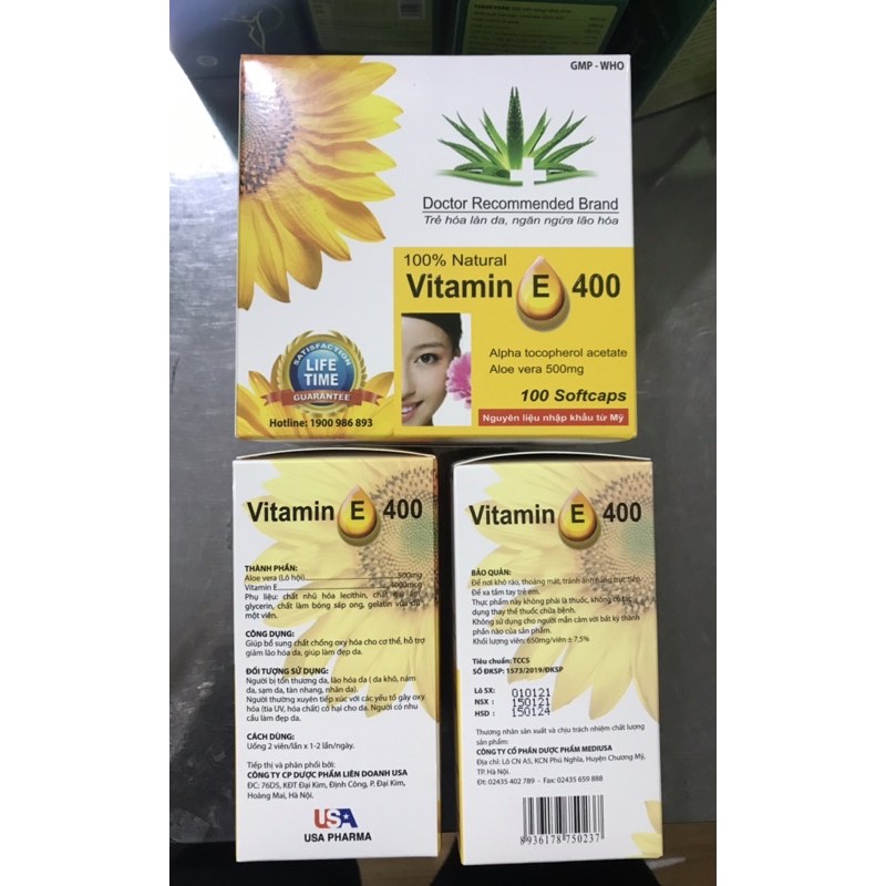 VITAMIN  E NHA ĐAM  400IU - Hộp 100 viên nang mềm -Tinh dầu lô hội làm đẹp da, chống lão hóa, ngừa nếp nhăn