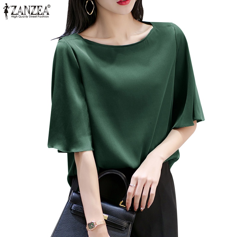 Áo ZANZEA satin ngắn tay cổ tròn thời trang đường phố thanh lịch cho nữ