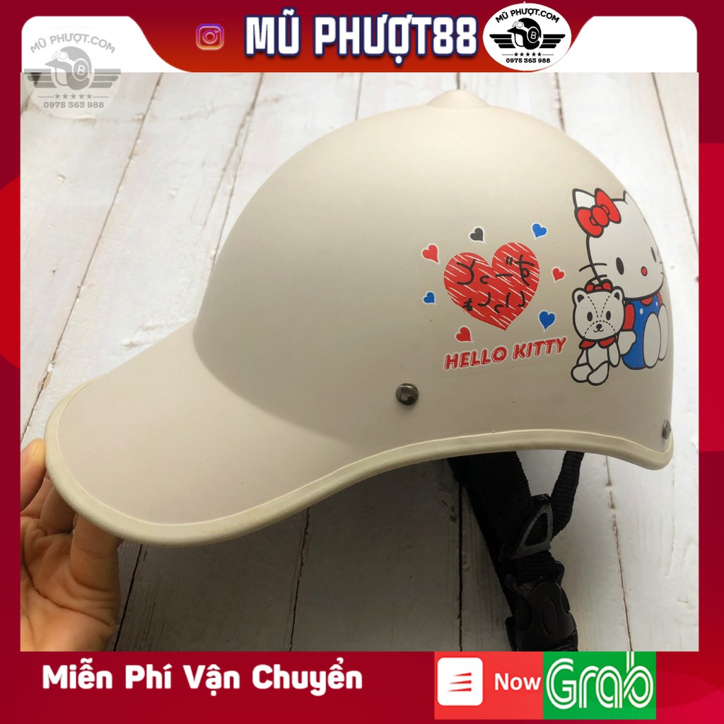 Mũ bảo hiểm thời trang nữ màu sữa kitty, loại tốt - Mũ bảo hiểm lưỡi trai 4 mùa nhẹ mát