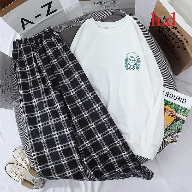 Sét áo nỉ cô gái in xanh +quần kẻ ô HĐ11  Áo thun nam nữ, quần kaki, quần nữ, sét bộ mặc ở nhà MODY