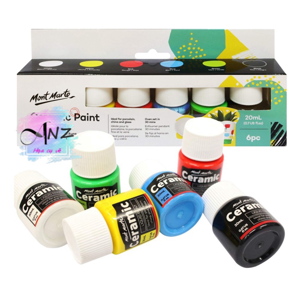 Màu vẽ thủy tinh kính gốm sứ Mont marte set 6 màu /  Signature Ceramic Paint 6pce x 20ml