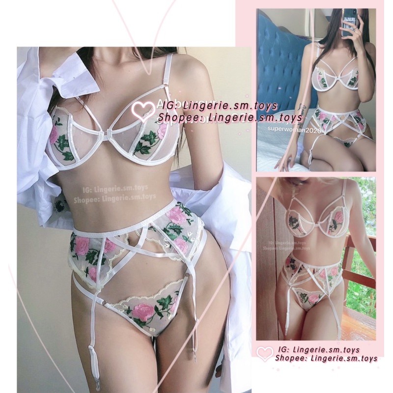 Cúp Ngực Ren Trắng Thêu Hoa + Đai Eo Gater Gợi Cảm - Nội Y Cao Cấp •Z0581A