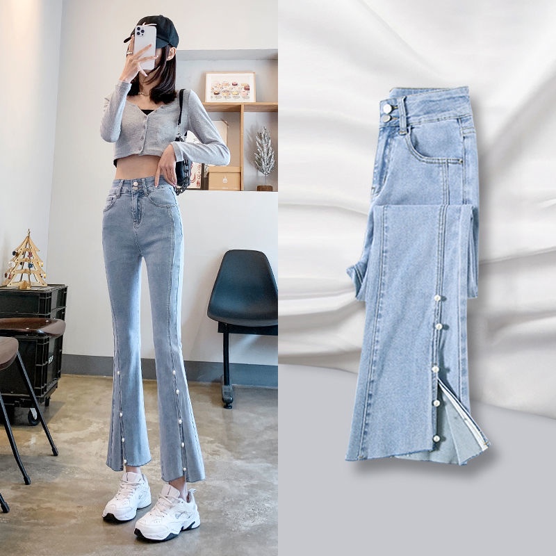 Quần jean cho nữ lưng cao ống rộng màu trắng đính hạt ngọc trai phong cách mới mùa thu 2022