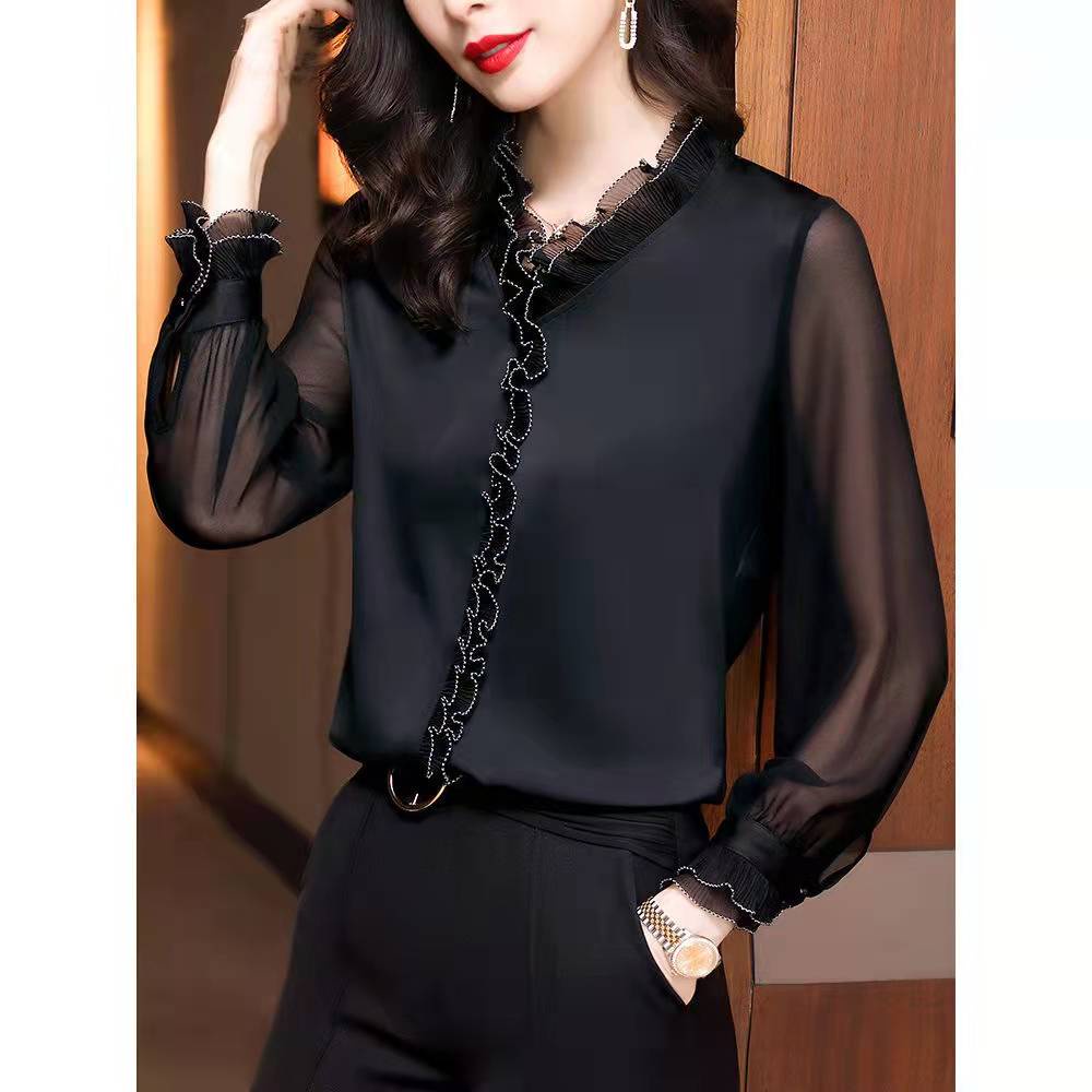 Áo Kiểu Vải Chiffon Cổ V Tay Dài Thời Trang Công Sở Cao Cấp Cho Nữ