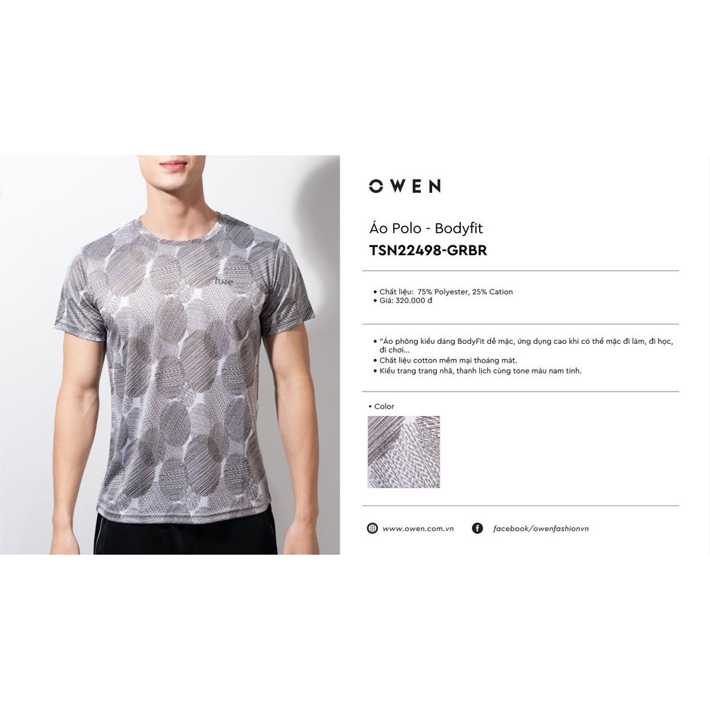 Áo Thun Nam Ngắn Tay Cổ Tròn Owen TSN22498 Áo Phông T-Shirt Màu Xám Họa Tiết Elip Vải Polyester Thể Thao Dáng Body Fit