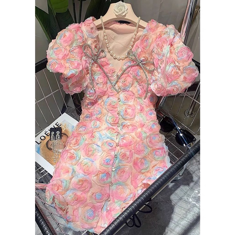 ĐẦM THIẾT KẾ ĐỘC QUYỀN GRADIENT HOA HỒNG NỔI CỔ CHỮ V TAY NGẮN TIỂU THƯ ĐI TIỆC CAO CẤP ULZZANG
