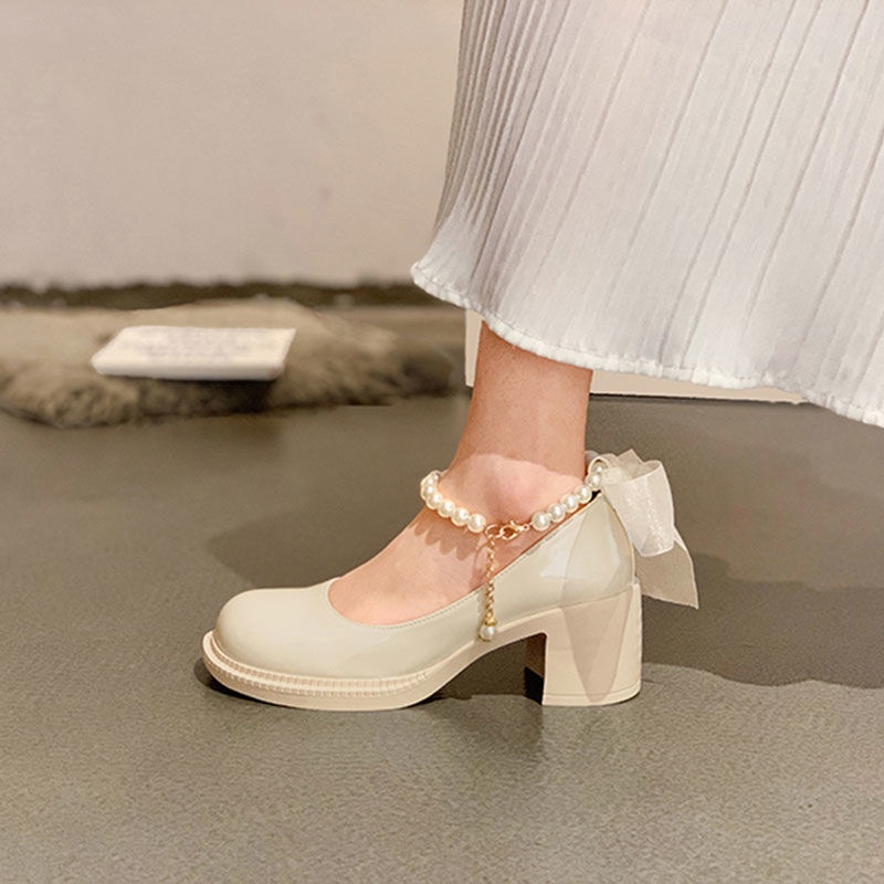 Giày Cao Gót Da Đế Dày Trẻ Trung Phong Cách Hàn Quốc