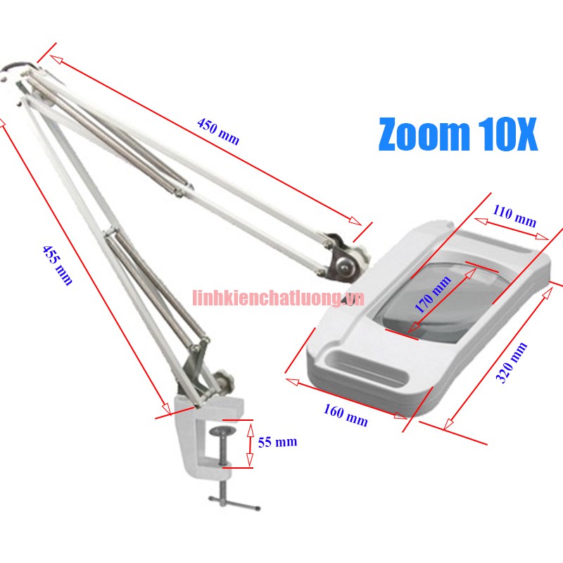 Kính lúp kẹp bàn LT-86G 10X đèn LED (thấu kính trắng - Optical)