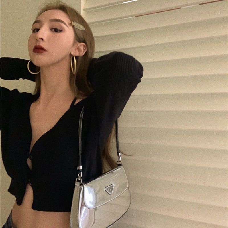 [MURIOKI] Áo Cardigan Dệt Kim Tay Dài Cổ Chữ V Dáng Ngắn Màu Đen Thời Trang Mùa Thu 2022 Cho Nữ