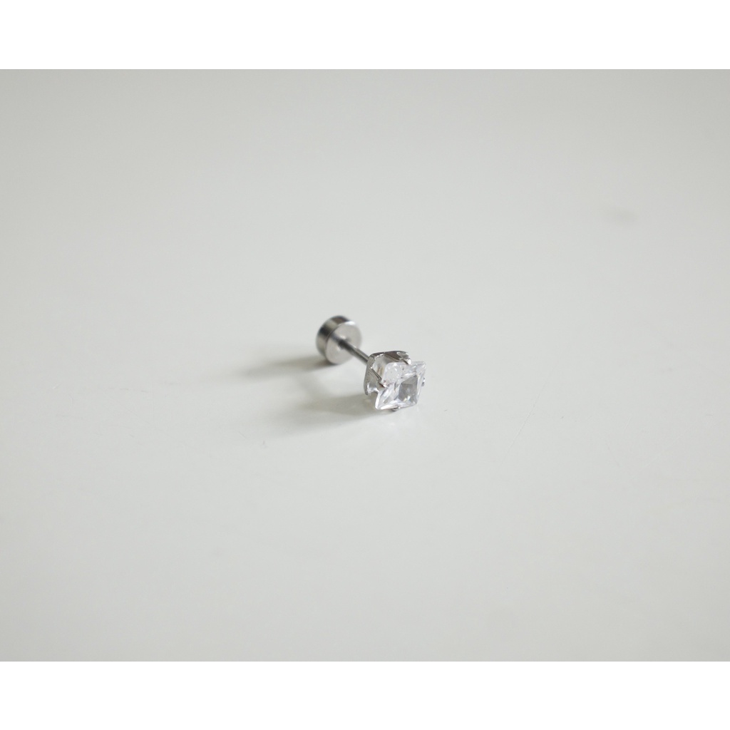 [1 Chiếc] Khuyên Tai Titan Đá Trắng Vuông Zircon Unisex Màu Bạc Đuôi Bi Không Gỉ Sét Không Ngứa Bông Tai Julies Box 66