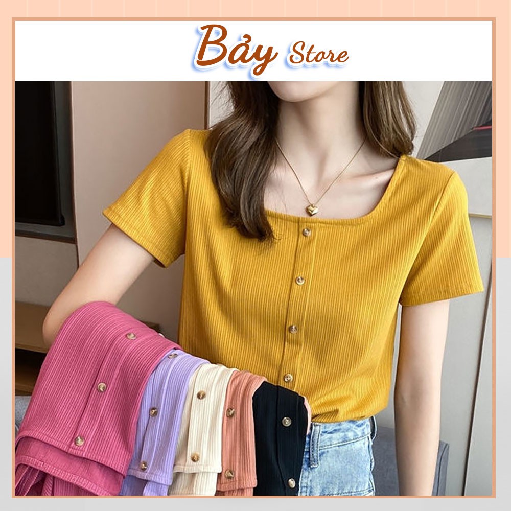 Áo thun tay ngắn cổ vuông mỏng Hàn Quốc Bảy Store Nữ body dáng ôm, thiết kế basic màu ĐEN | TRẮNG | Hồng | Tím Ulzzang