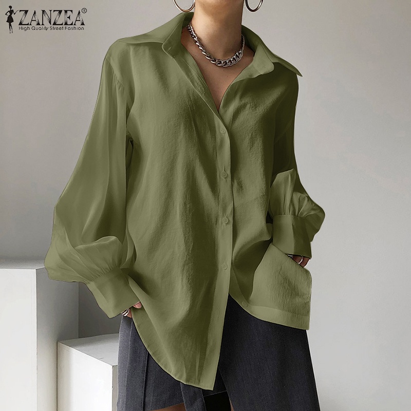 Áo sơ mi ZANZEA tay phồng dài cổ tay áo gài nút màu trơn vintage cho nữ