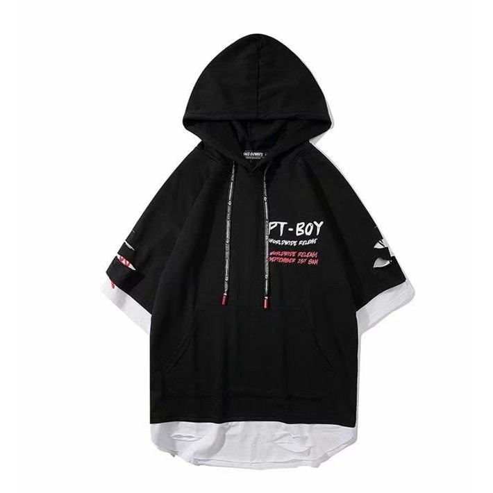 Áo hoodie tay ngắn giả hai lớp dáng rộng trẻ trung hợp thời trang dành cho nam | BigBuy360 - bigbuy360.vn