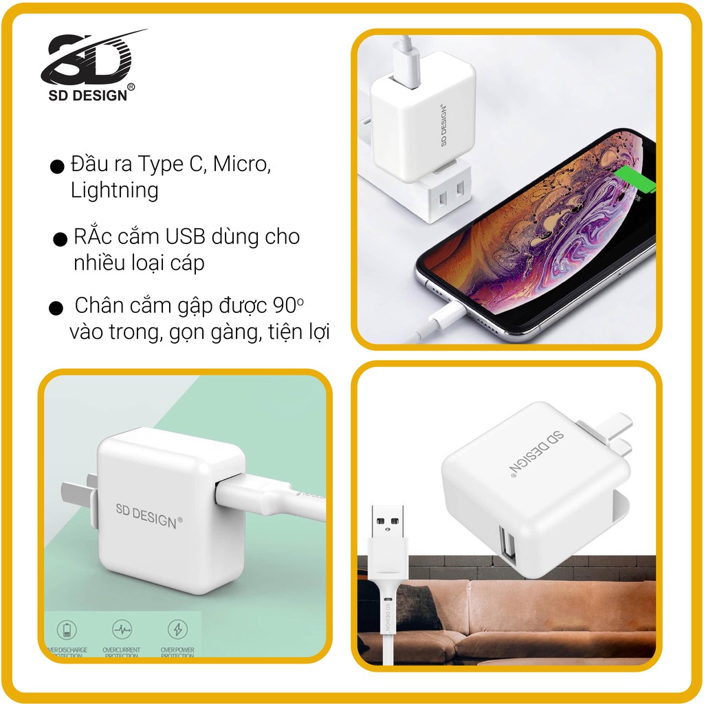 Bộ Cốc Sạc Nhanh C77s chính hãng SD DESIGN chân gập 90 độ sạc nhanh an toàn cho mọi thiết bị iphone, samsung, oppo