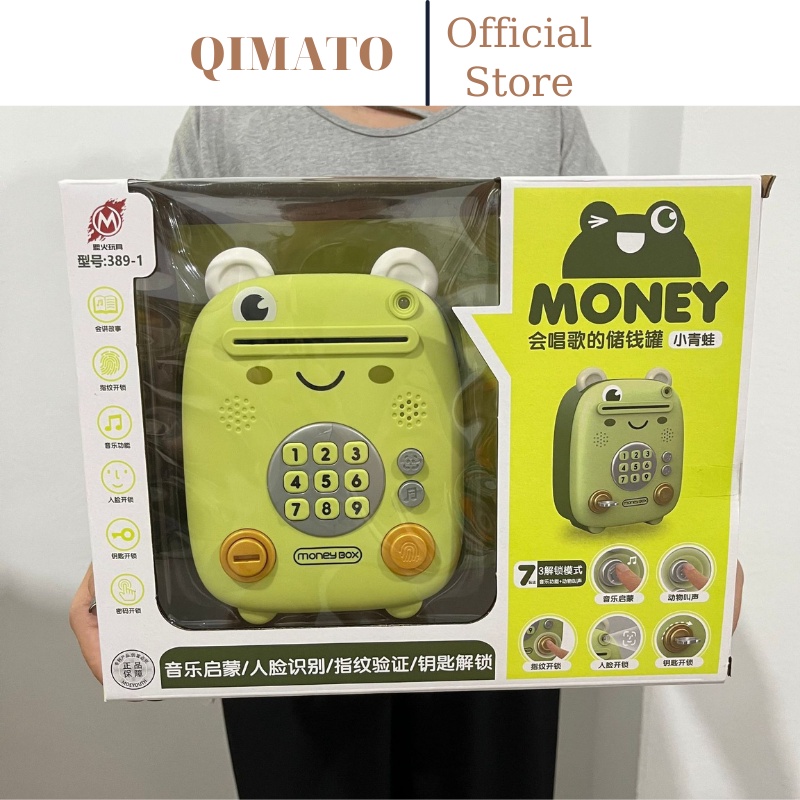 Đồ chơi két sắt mini tự động thông minh cho bé hình ếch xanh có nhạc và đèn đựng tiền tiết kiệm tự động két mini QIMATO