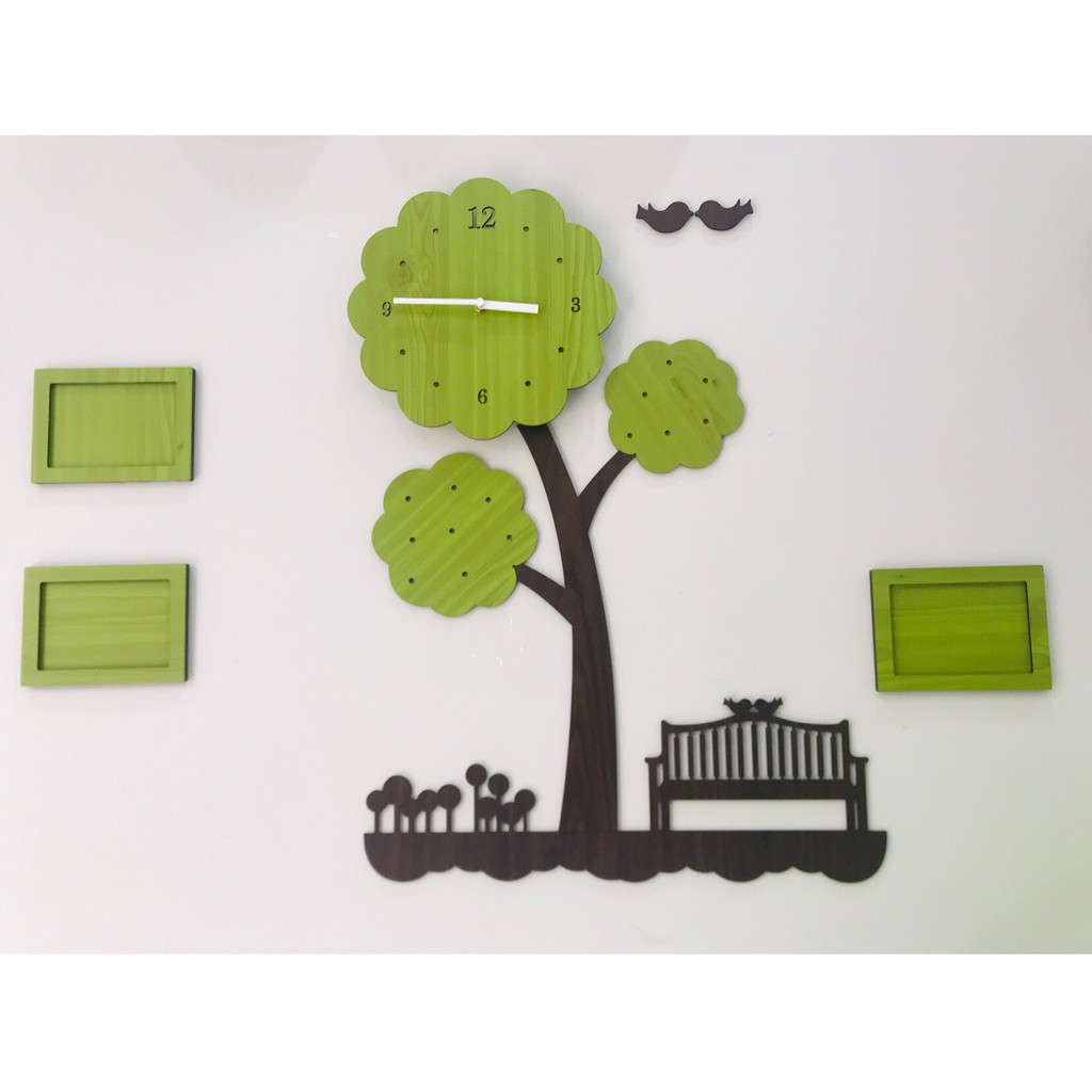 Đồng hồ treo tường Kim Trôi, đồng hồ trang trí nhà cửa hình cây - Tree wall clock kèm 3 khung ảnh- M16