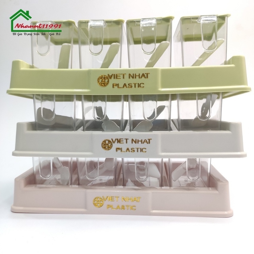 Bộ 4 lọ đựng gia vị có thìa Việt Nhật -Hũ đựng gia vị có nắp đậy tiện dụng bền đẹp  - Hộp đựng có nắp