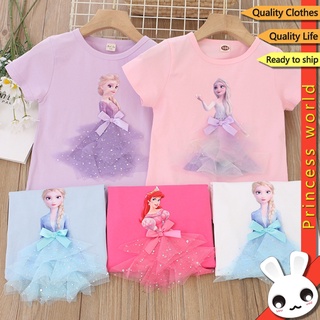 Disney áo thun tay ngắn in hình công chúa elsa 3d dành cho bé gái 1-8 tuổi