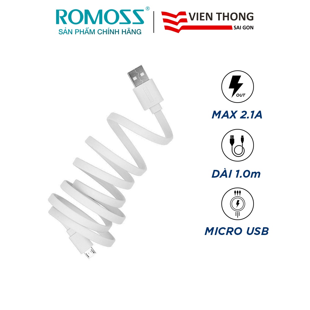 Cáp sạc nhanh micro USB Romoss CB05f chống rối dài 1m / Sạc nhanh 2A cho Android (Whi)