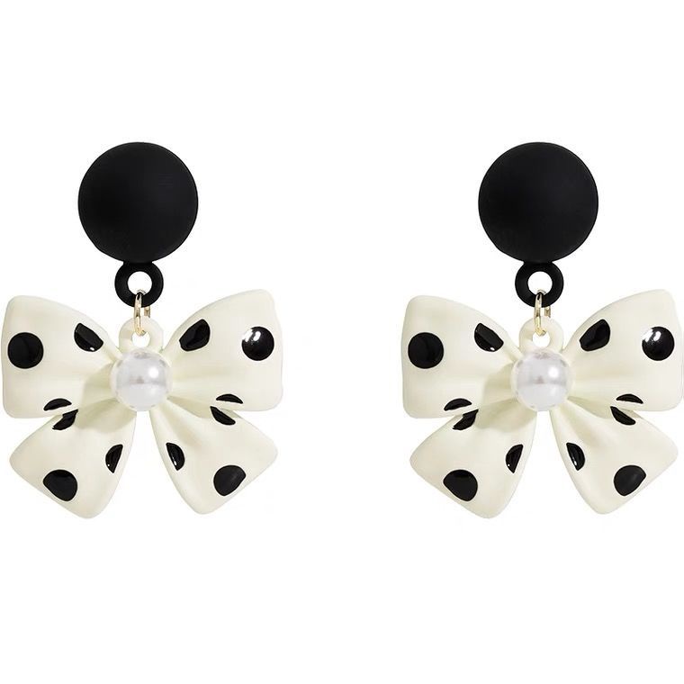 Khuyên Tai Hình Nơ Chấm Bi Đen Phong Cách Ngọt Ngào Cổ Điển