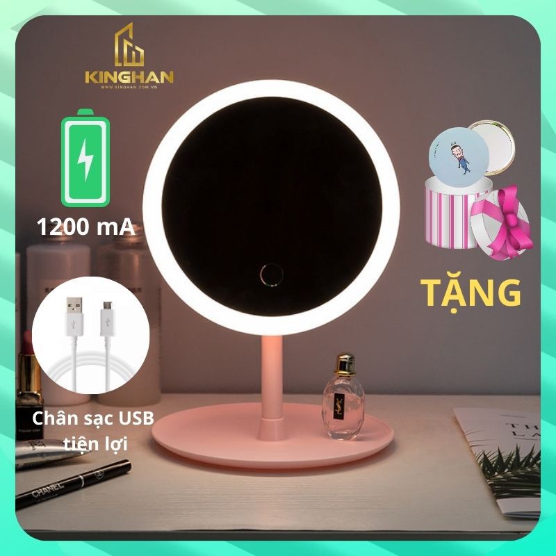 Gương Để Bàn Trang Điểm Có Đèn LED KingHan , Gương Trang Điểm Đèn LED 3 Màu Hình Tròn