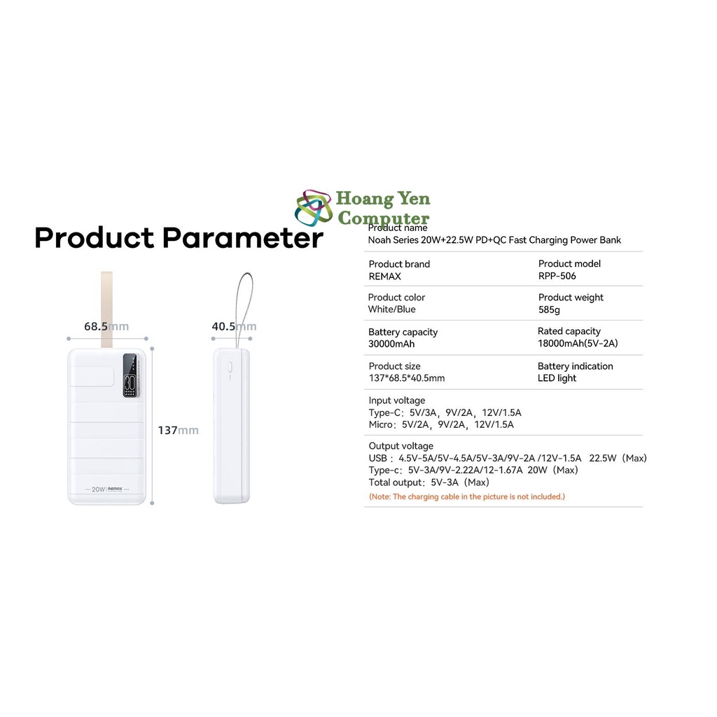 Sạc Dự Phòng Remax RPP-506 30000Mah  - BH 1 Năm - Hoàng Yến Computer