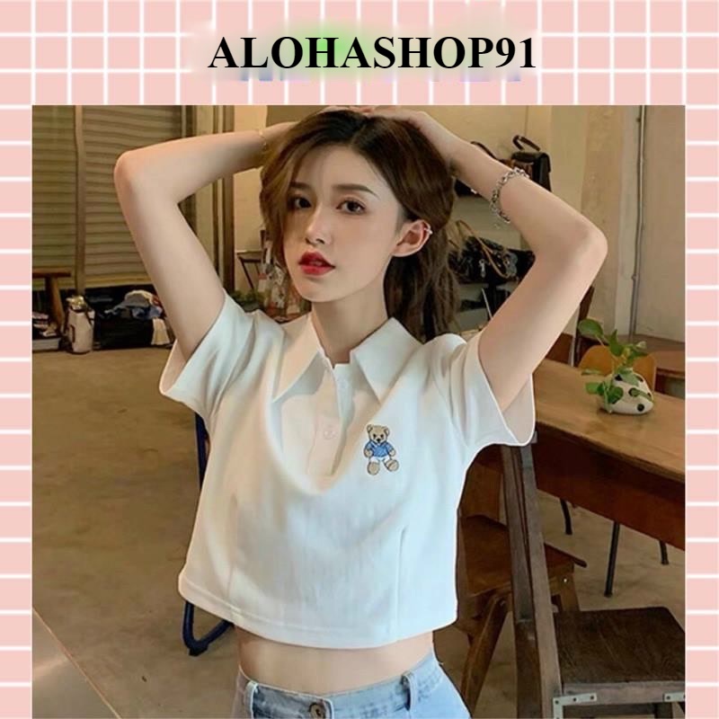 ÁO THUN CỔ TRỤ HÌNH GẤU CROPTOP ALOHASHOP91