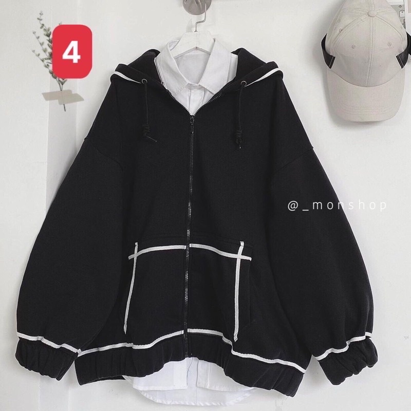 Áo khoác hodie form rộng (có ảnh thật) vải siêu đẹp có khoá kéo viền trắng vải siêu đẹp