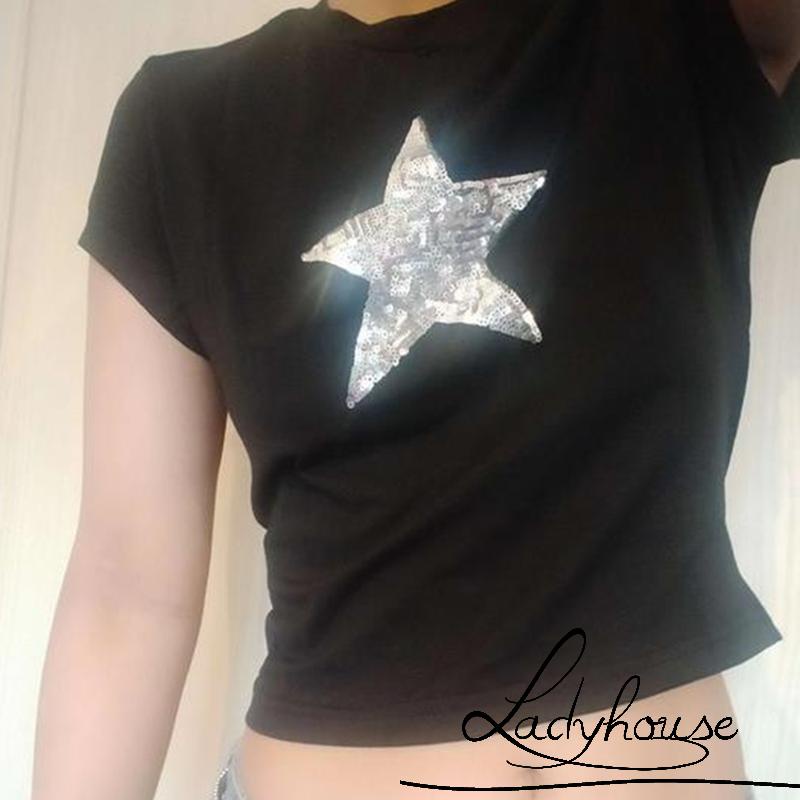 Áo Thun Croptop Tay Ngắn Cổ Tròn In Hình Ngôi Sao Đính Kim Sa Lấp Lánh Thời Trang Mùa Hè Cho Nữ