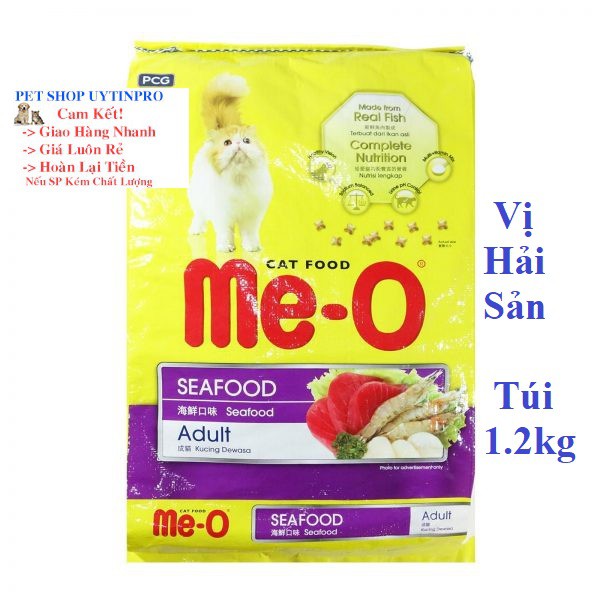 THỨC ĂN MÈO LỚN Me-O Dạng hạt Vị hải sản Túi 1.2kg Xuất xứ Thái Lan