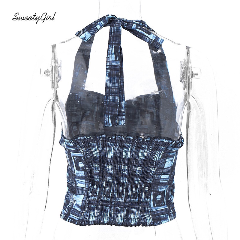 Áo Tank Top Hai Dây Dáng Ôm In Họa Tiết Caro Màu Xanh Dương Thời Trang 2022 Quyến Rũ Cho Nữ