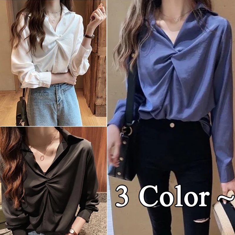 Áo Sơ Mi Chiffon Tay Dài Cổ Chữ V Màu Đen / Trắng Size M-4XL Thời Trang Công Sở Cho Bạn Gái