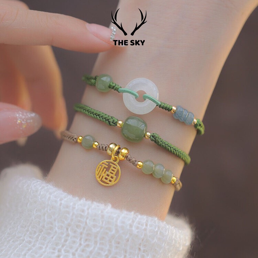 Vòng Tay Nữ THE SKY NB1020 Kèm Mặt Đá Xanh Sang Trọng, Combo lắc tay kèm mặt đá dây rút