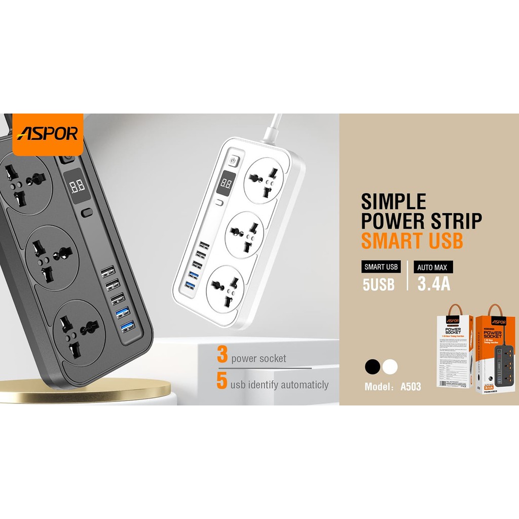 Ổ điện Aspor A505 Công Tắc,Nắp Bịt Chống Giật An Toàn 3 Cổng USB 5V = 3.1A ,1 cổng  USB Type-C Sạc Nhanh 32W