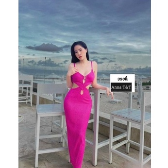 Đầm 2 dây khoen chéo eo hở rốn ôm body dáng dài cực sexy , chất thun gân mềm mịn ly