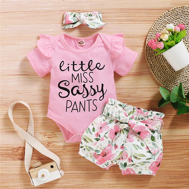 Set áo liêền thân tay ngắn + quần short + băng đô dễ thương cho bé gái sơ sinh Mikrdoo