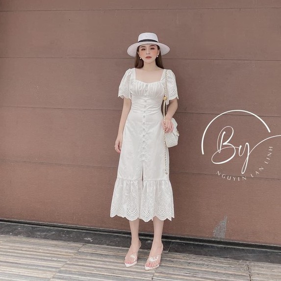 Váy thô ren thêu đuôi cá cúc bọc tay cánh tiên trắng thiết kế 2 lớp