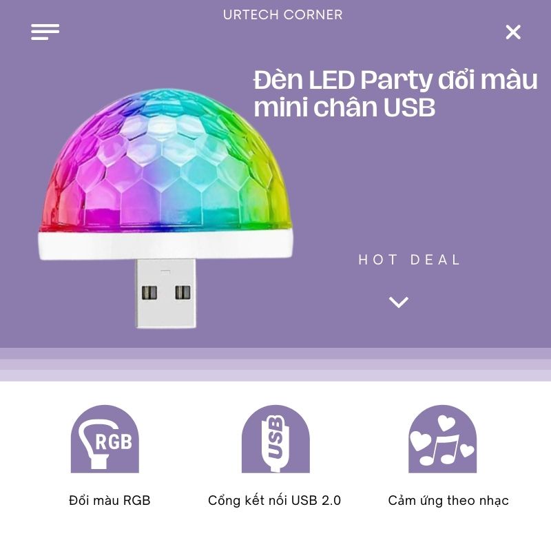 Đèn led RGB Vũ trường 7 màu Urtechcorner Đèn led USB 7 màu nháy lazer vũ trường mini cắm usb phục vụ giải trí ca hát