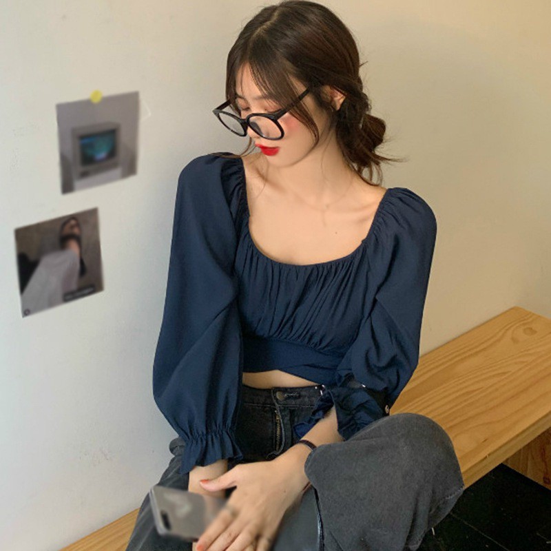 Áo kiểu tay dài cổ vuông thiết kế dây đan chéo lưng phong cách Hàn Quốc hợp thời trang