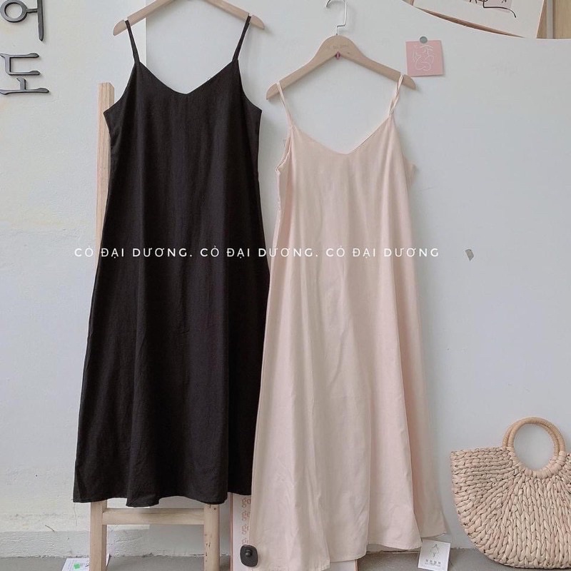Đầm nữ-Váy 2dây H2shop maxi trơn cổ tym dáng dài 1m1 chất đũi xước 2màu đen-kem