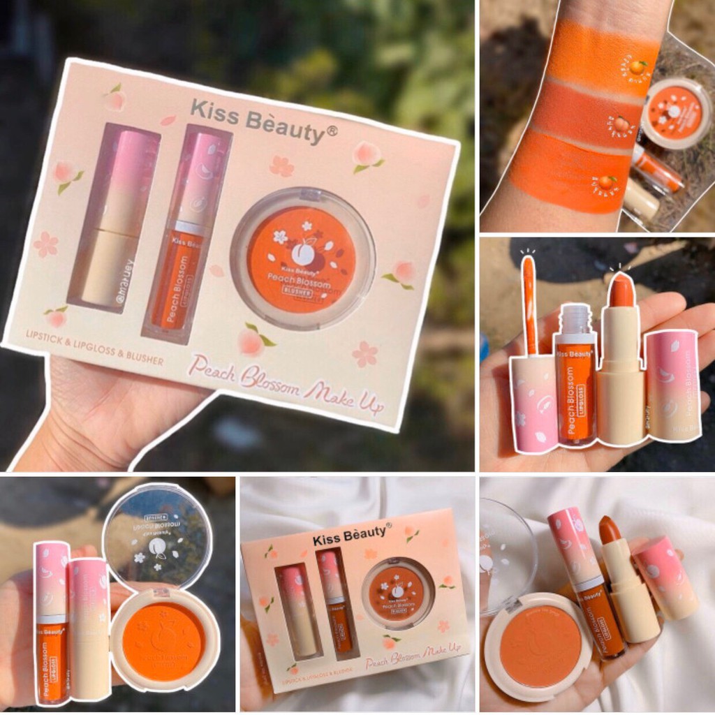 Set Trang Điểm 2 Son 1 Má Hồng Peach Blossom Make Up Kiss Beauty