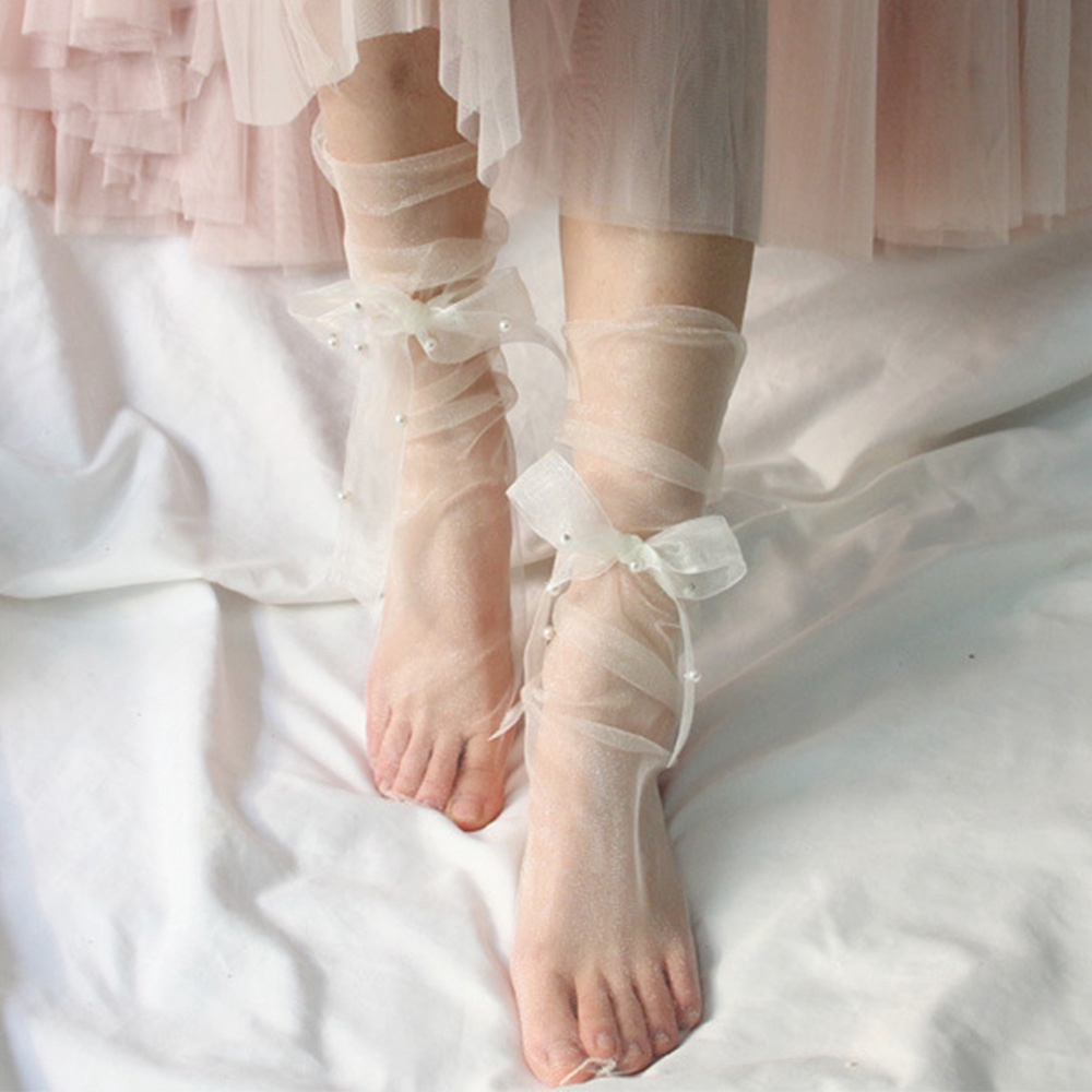 Vớ chiffon xuyên thấu đính nơ và ngọc trai thời trang mùa xuân cho nữ