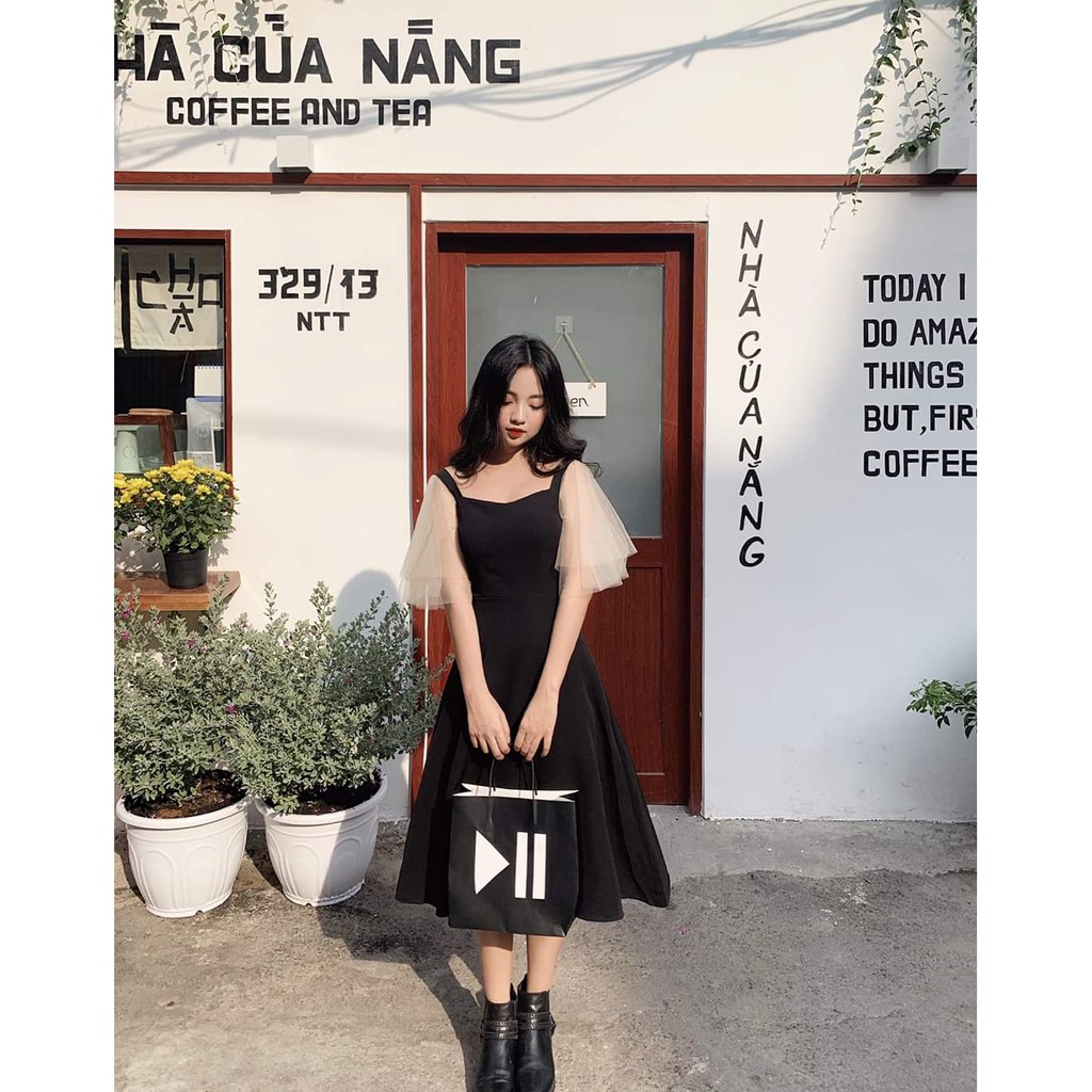 Đầm dự tiệc, váy nữ dễ thương dự tiệc cưới dáng xòe phối tay lưới siêu xinh phong cách công chúa [vải may