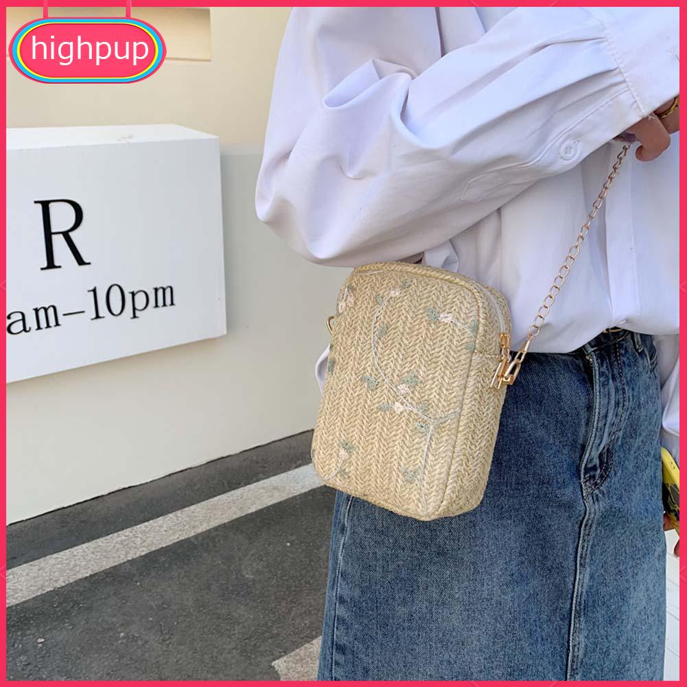 Túi Đeo Chéo Đan Cói Phối Lưới Hình Hoa Nhỏ Đựng Điện Thoại Thời Trang Cho Nữ