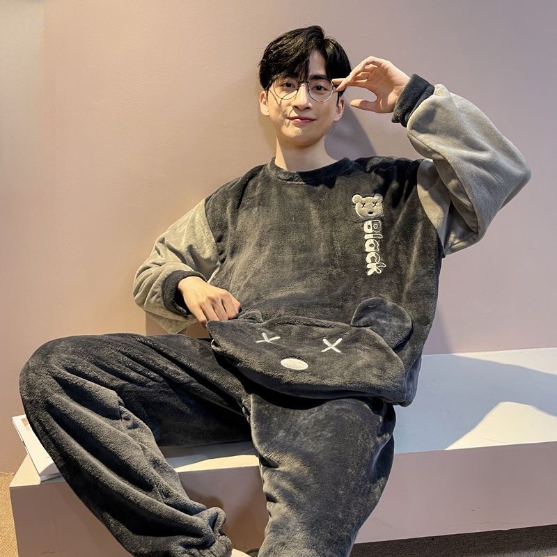 Bộ Đồ Ngủ Tay Dài Vải Flannel Phối Nhung Dày Ấm Áp Thời Trang Cho Nam