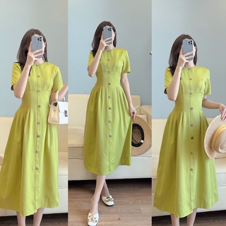 Váy xanh cốm xếp ly eo cúc gỗ phong cách vintage hàn quốc