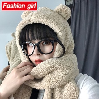 Khăn Choàng Cổ Có Mũ Trùm Đầu Giữ Ấm Thiết Kế Hình Tai Gấu Phong Cách Hàn Quốc Dễ Thương