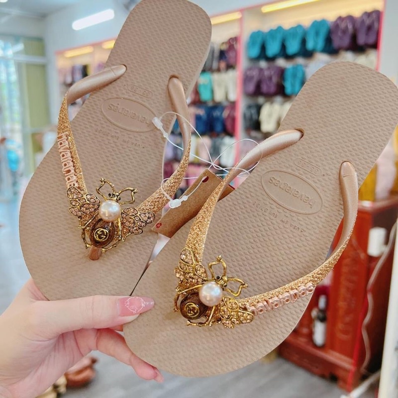 dép HVN Kim tuyến gold mix charm hạt ngọc